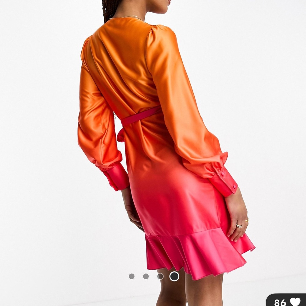 ASOS NWT Ombré Dress Pink Orange Mini Wrap Long Sleeve Dress Ruffle Flare Size 2